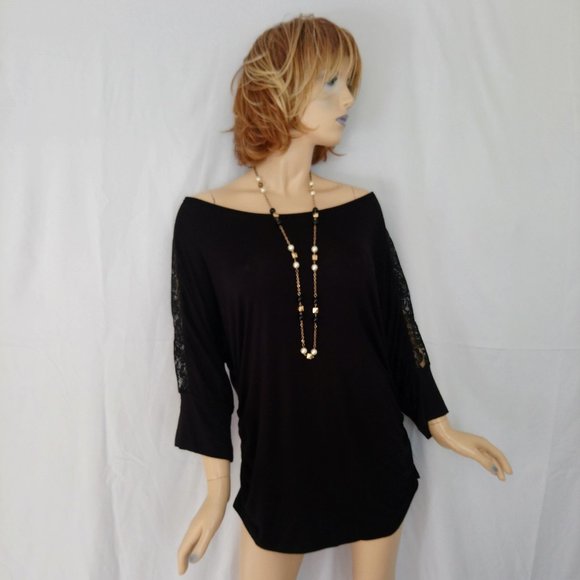 NWT IZ BYER 3X Black Textured Off Shoulder Top Dolman Lace Sleeves - Picture 2 of 11